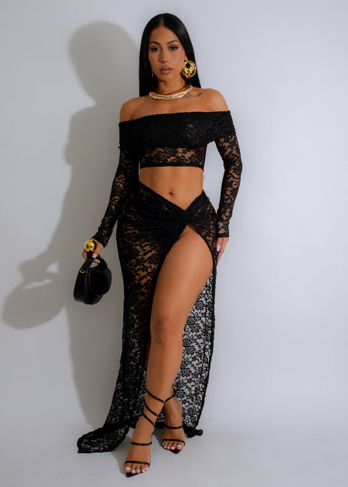 Stunning Midnight Ensemble Lace Skirt Set in Elegant Black Color