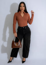 Versatile brown bodysuit with contoured design and convenient zip closure