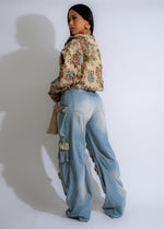 Stylish and trendy Vintage Bloom Ensemble Cargo Pant Set in Denim