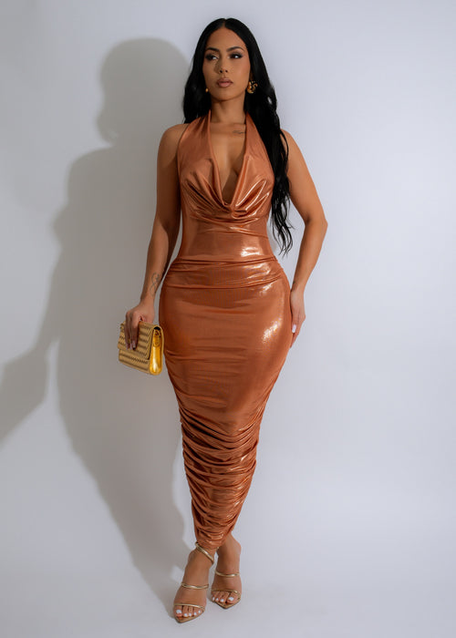 Glam Glow Ruched Metallic Midi Dress Gold in elegant gold fabric