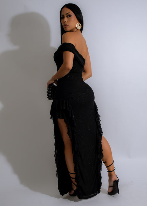 Beautiful Moonlit Ruffle Maxi Dress Black with flowing fabric and intricate design