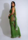 Gorgeous long green dress with sheer mesh fabric and eye-catching design for a stunning statement piece