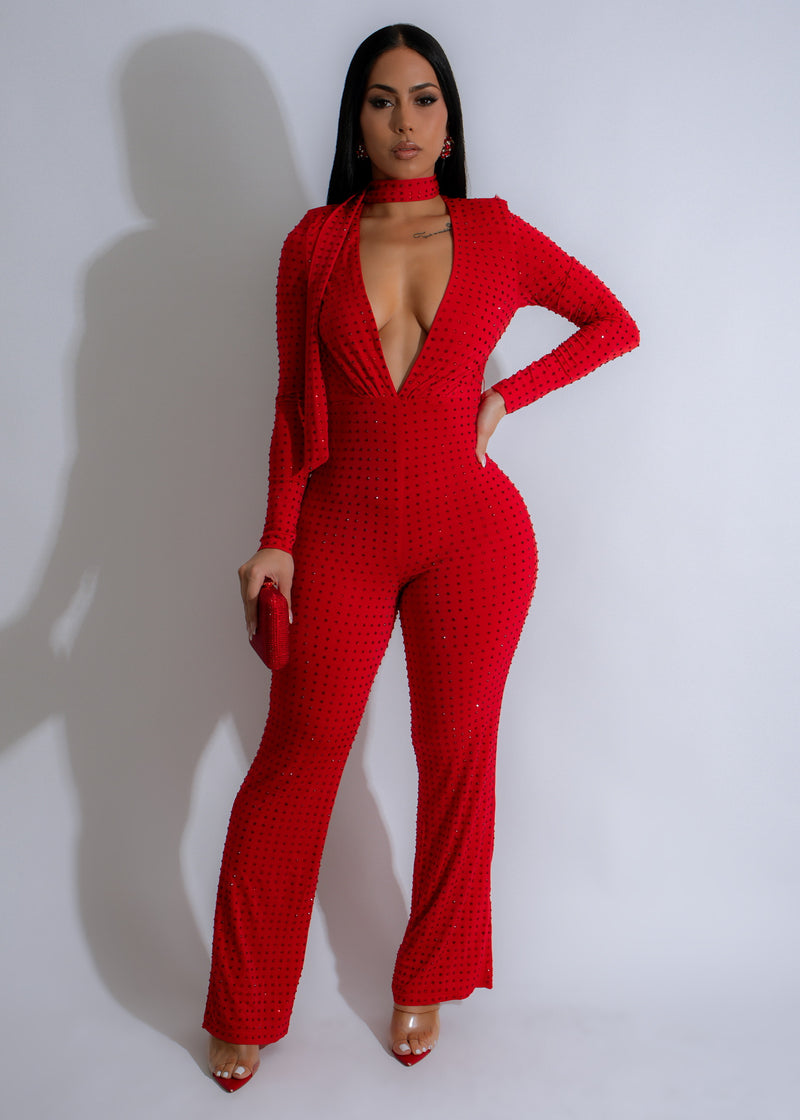 Inferno Nights Rhinestone Jumpsuit Red: A dazzling red jumpsuit with sparkling rhinestones for a glamorous look