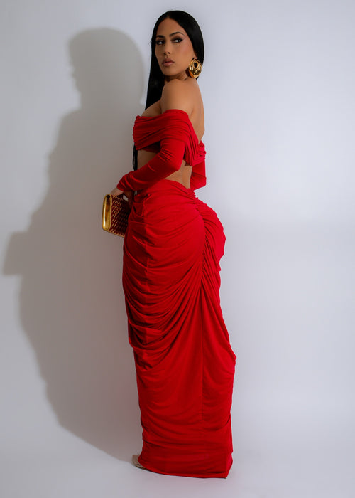 Stunning red Elysian Harmony Ruched Skirt Set featuring a matching top and skirt