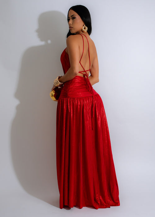 Nocturnal Elegance Maxi Dress Red: This red maxi dress features a deep V-neckline, delicate lace sleeves, and a sweeping floor-length hem, creating a timeless and sophisticated look