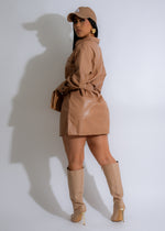 Urban Command Faux Leather Mini Dress Brown, back view, fitted, high neckline