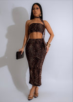 Brown leopard print mesh skirt set exudes untamed elegance and style