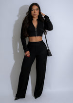 Textured black pant set with a relaxed fit and comfortable fabric