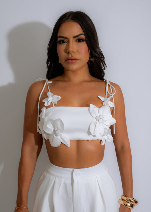 Petal Bloom Satin Crop Top White on female model standing outdoors in natural light