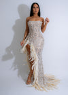 Seraphic Glow Sequin Pearl Maxi Dress Nude with intricate sequin detailing