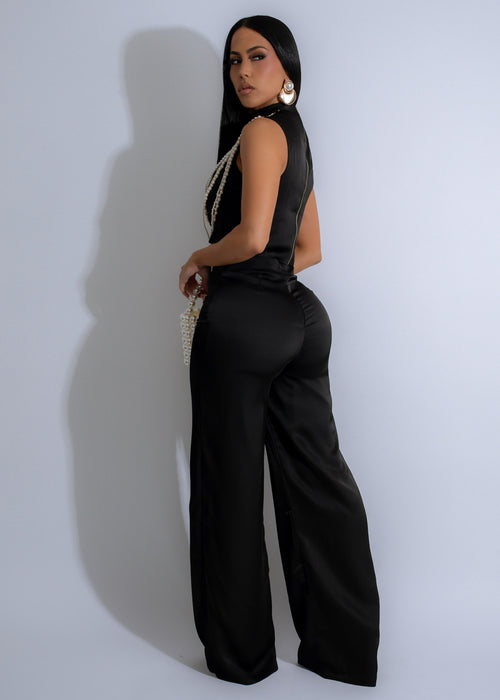  Stylish and elegant Opulent Cascade Satin Pearls Pant Set Black with flowing design and intricate pearl detailing