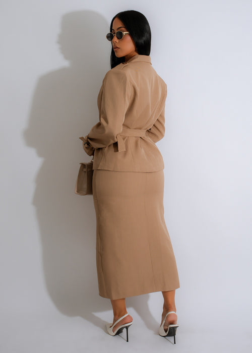 A beautiful and chic two-piece skirt set in a neutral nude color