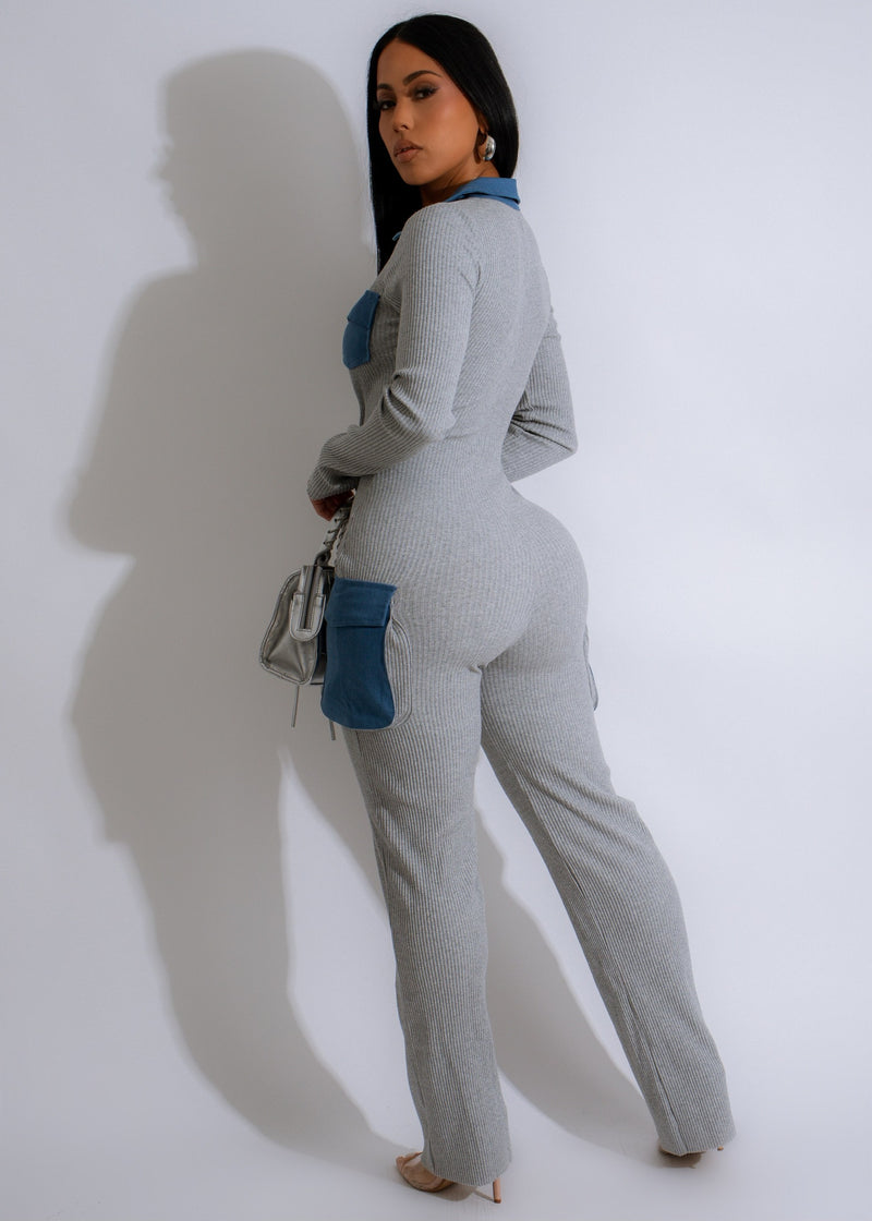 Taking Notes Cargo Jumpsuit Grey - Side view with adjustable straps and utility-inspired design