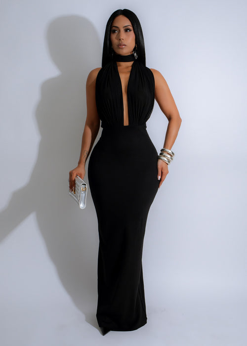 Eclipse Halter Mesh Maxi Dress Black, a stunning evening gown with a flowy silhouette and intricate mesh detailing, perfect for formal events and special occasions 