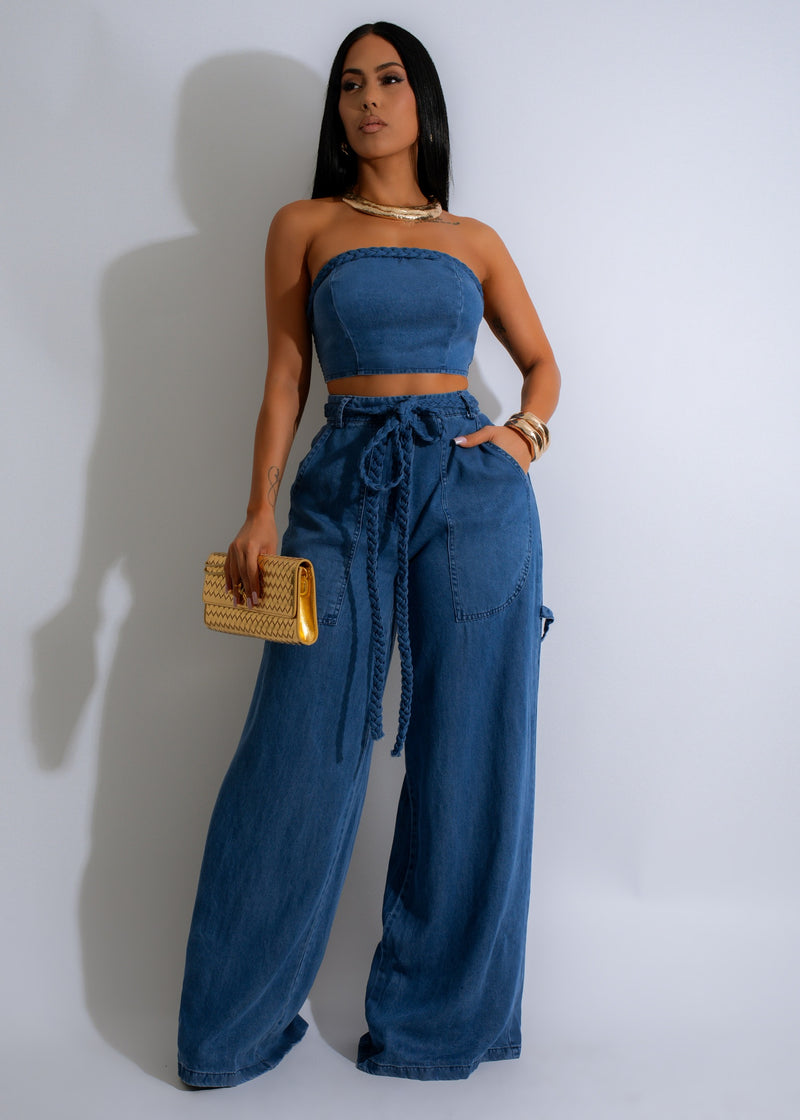 Two-piece Bohemian Breeze Pant Set in stylish and comfortable denim fabric, perfect for a casual yet chic look with a flowing top and wide-leg pants