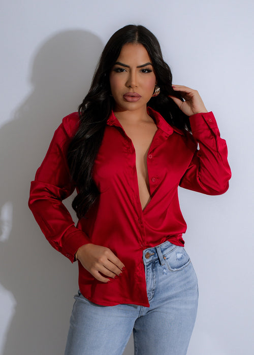 Eclipse Essence Satin Button Down Top Red - Front View with Collar and Button Detail