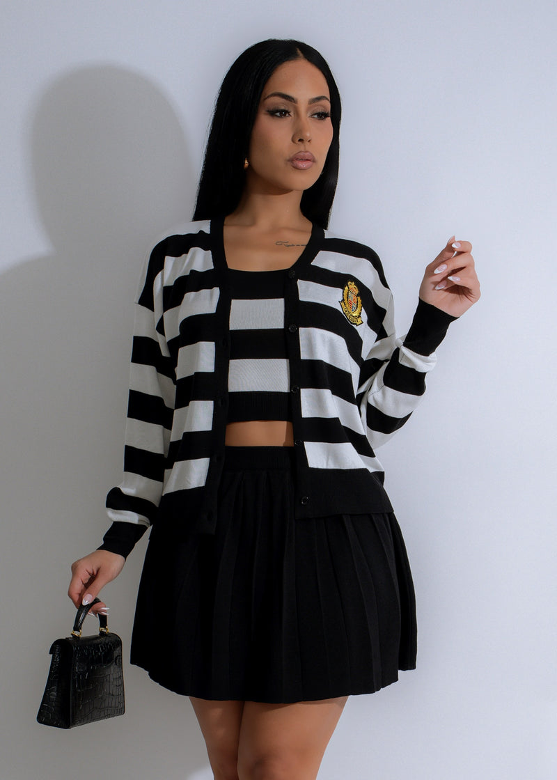 Classic and elegant Regal Lines Stripes Knit Skirt Set in sophisticated black color