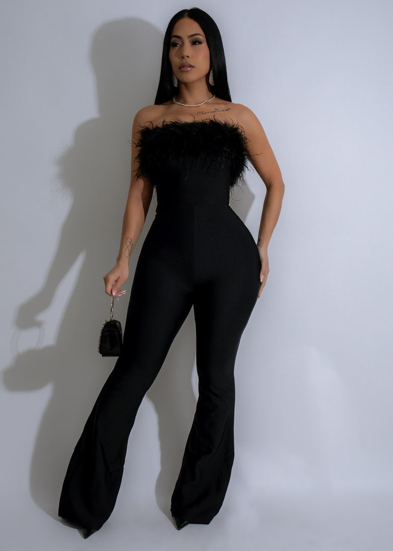 Feathered Allure Jumpsuit Black in elegant black color with feather detailing