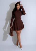 Inkstone Pleat Knit Mini Dress Brown, featuring a stylish pleated design and a flattering mini length in a rich brown color