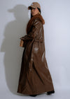 Stylish Luxe Reverie Faux Leather Coat in Brown with a luxurious sheen and sleek design, perfect for a chic and sophisticated look