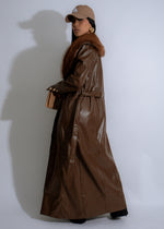 Stylish Luxe Reverie Faux Leather Coat in Brown with a luxurious sheen and sleek design, perfect for a chic and sophisticated look