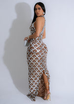  Brown Diamond Radiance Rhinestones Sequin Maxi Dress, a stunning and glamorous choice for special occasions