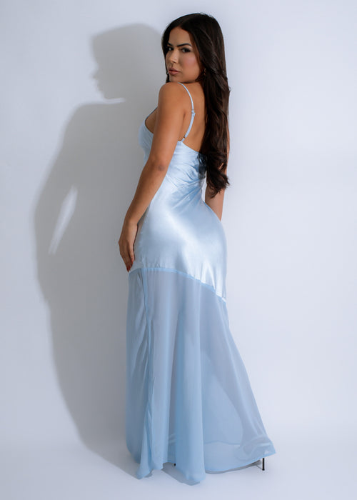 Stunning Celestial Veil Satin Maxi Dress in Elegant Shade of Blue