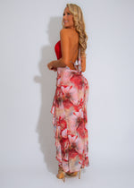 The Scarlet Bloom Ruched Lace Floral Maxi Dress Red