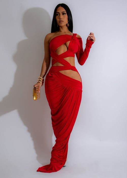 Close-up of the stunning Obsidian Knot Ruched Maxi Dress in vibrant red, highlighting the intricate ruched details and elegant knot design