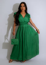 Amazing Cascade Maxi Dress Green with Floral Print and V-Neckline, perfect for summer parties and special occasions