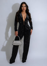 Black velvet pant set with rhinestone detailing for a glamorous look