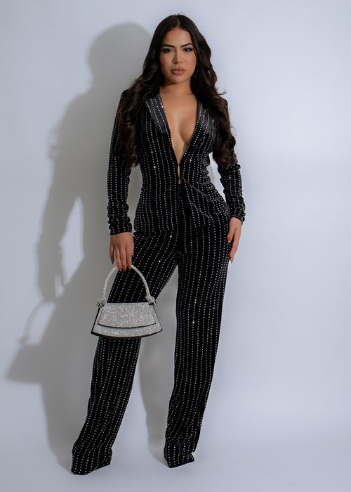 Black velvet pant set with rhinestone detailing for a glamorous look