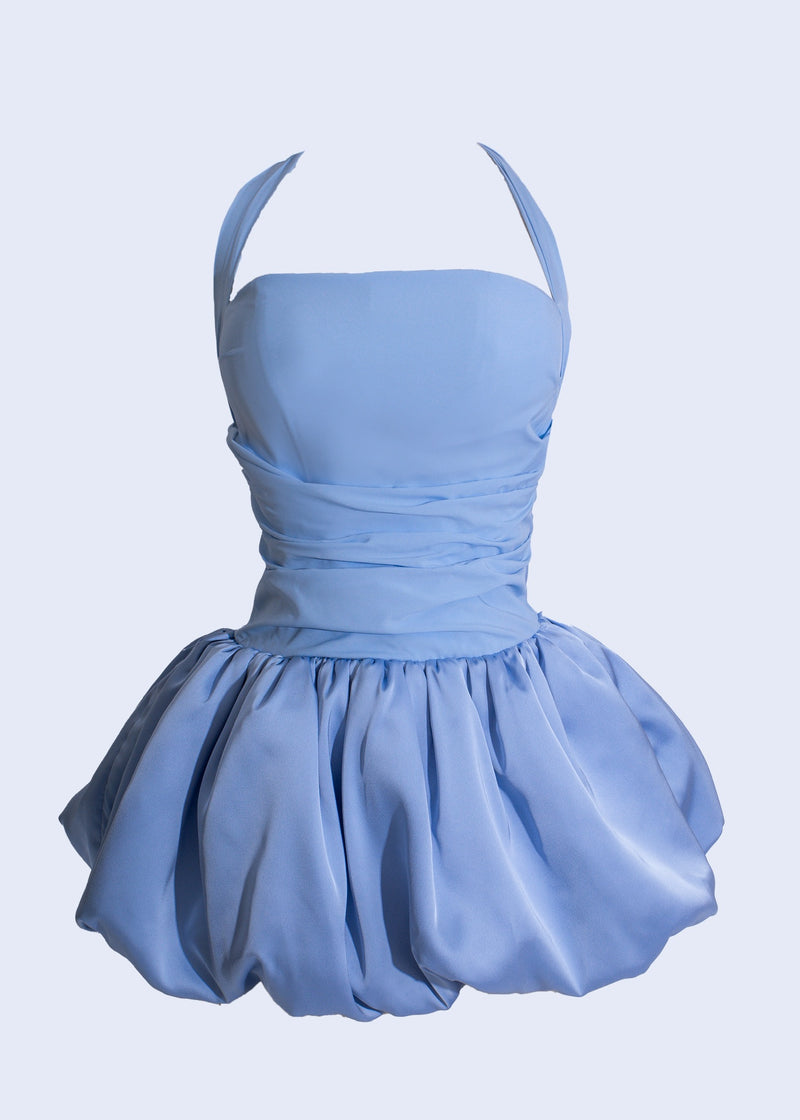 Close-up of Blue Cloudlight Ruffle Satin Mini Dress on mannequin