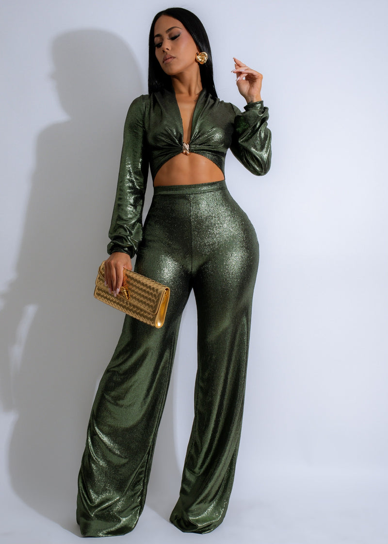 Shine Too Bright Metallic Green Jumpsuit with V-neck and Belted Waist