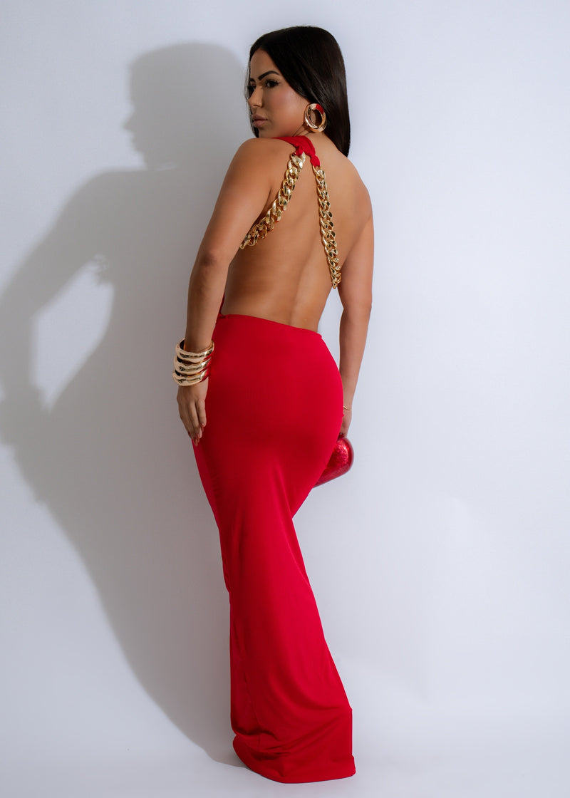 Stunning red Chain Allure Ruched Maxi Dress with elegant ruched detailing