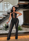 Ethereal Allure Mesh Jumpsuit Black, a stunning and elegant one-piece outfit for evening events and special occasions, featuring a flattering silhouette and intricate mesh detailing
