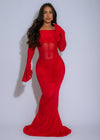 Scarlet Drape Mesh Ruched Maxi Dress Red