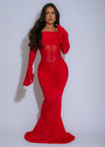 Scarlet Drape Mesh Ruched Maxi Dress Red