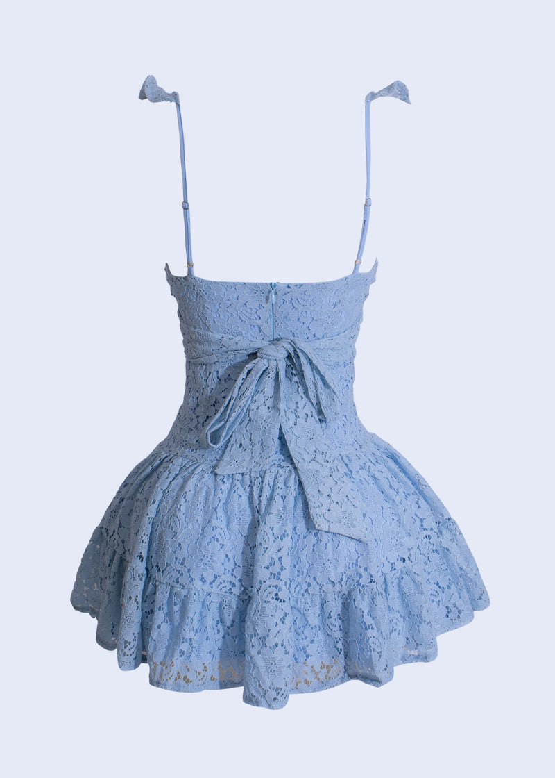 Beautiful and elegant Fleur Amour Lace Mini Dress in stunning blue color