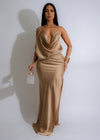 Moonlit Satin Slip Maxi Dress Gold in a luxurious and elegant evening gown with shimmering satin fabric and a flattering silhouette