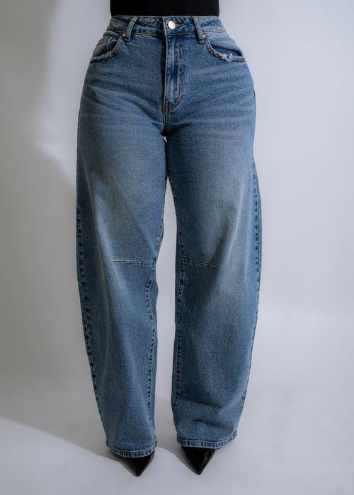 Vintage Horizon Barrel Jeans Denim: Classic, high-waisted, straight-leg denim with distressed details