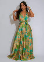 Enchanted Oasis Satin Floral Maxi Dress Green