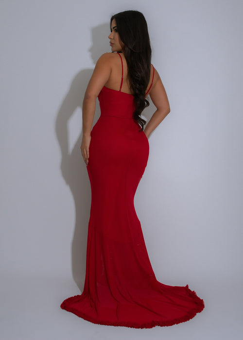 Stunning red maxi dress featuring mesh detailing and flattering ruched design