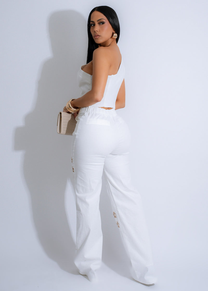 White lace horizon pant set with matching top, perfect for summer