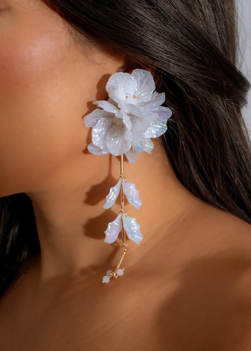 Beautiful and elegant iridescent bloom earrings in white, perfect for any occasion