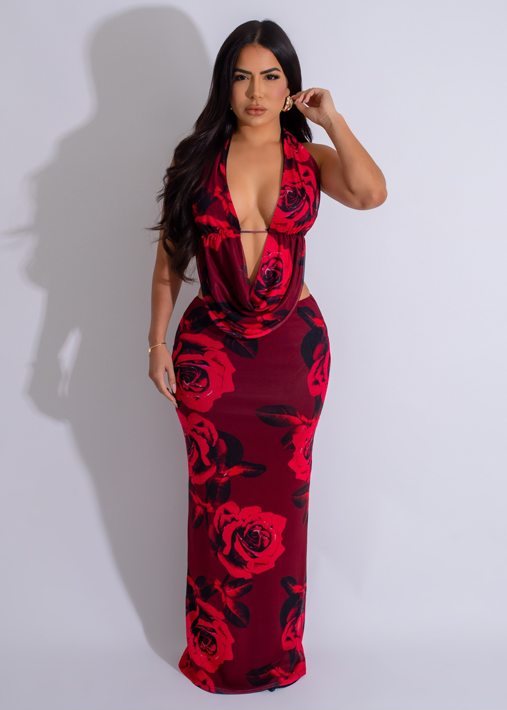 Eternal Rose Mesh Floral Skirt Set in Red, a stunning outfit for any occasion, featuring intricate floral patterns and a vibrant red color 