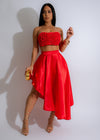 Rosette Reverie Satin Skirt Set Red, a stunning and elegant fashion ensemble perfect for special occasions and events