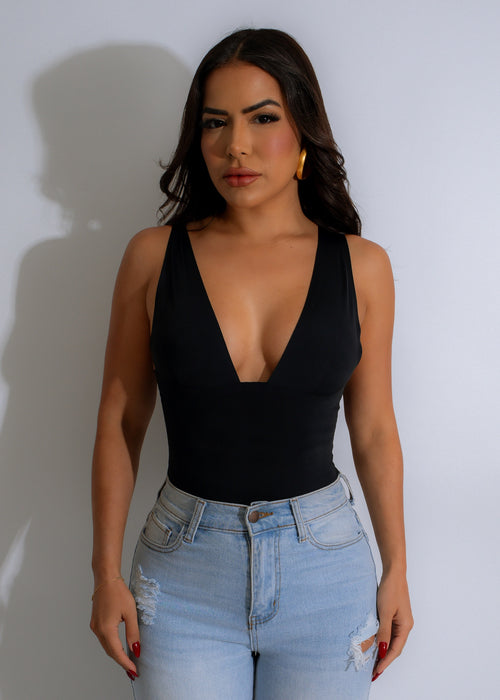 Sleek and sexy black Serenity Plunge Bodysuit with lace detailing