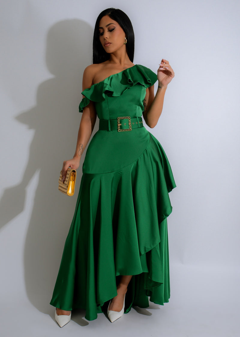 Emerald green satin maxi dress with ruffled neckline and flowing silhouette