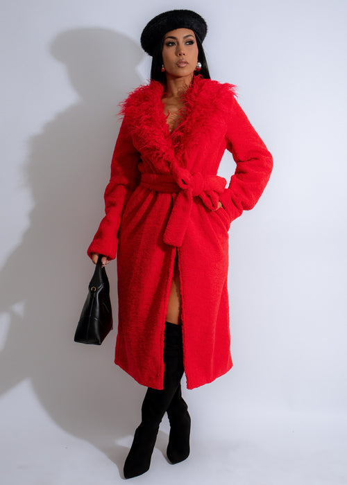 Beautiful long red plush coat, perfect for staying warm on chilly nights